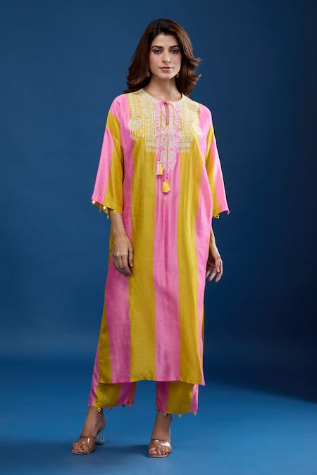 Archana Shah_Pink Tassels Round Neck Striped Embroidered Yoke Kaftan And Pant Set_Online_at_Aza_Fashions