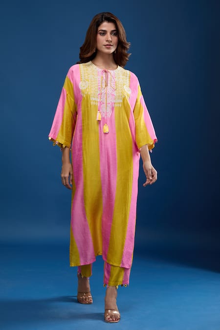 Buy_Archana Shah_Pink Tassels Round Neck Striped Embroidered Yoke Kaftan And Pant Set_Online_at_Aza_Fashions