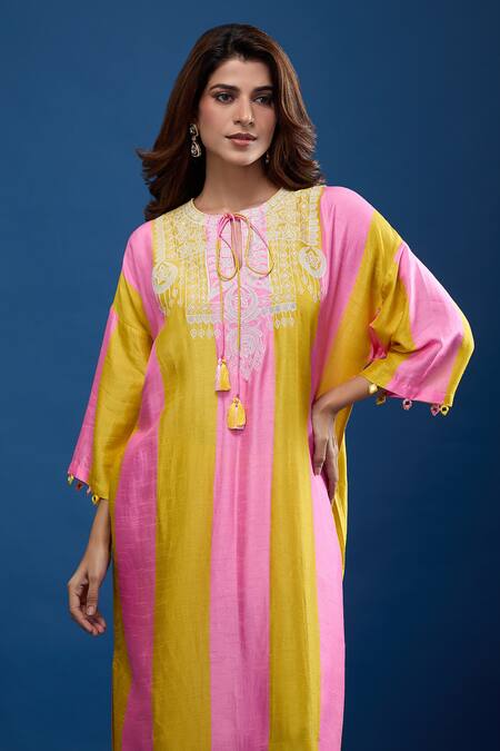 Shop_Archana Shah_Pink Tassels Round Neck Striped Embroidered Yoke Kaftan And Pant Set_Online_at_Aza_Fashions