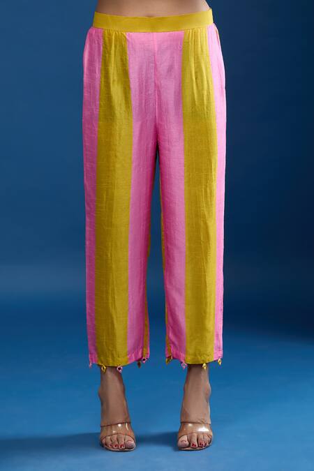 Archana Shah_Pink Tassels Round Neck Striped Embroidered Yoke Kaftan And Pant Set_at_Aza_Fashions