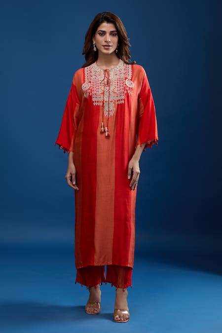 Archana Shah_Rust Tassels Round Neck Striped Gold Embroidered Yoke Kaftan And Pant Set _Online_at_Aza_Fashions