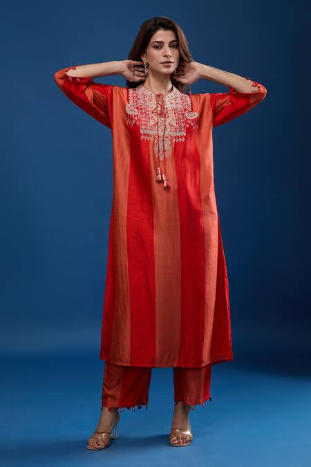 Buy_Archana Shah_Rust Tassels Round Neck Striped Gold Embroidered Yoke Kaftan And Pant Set _Online_at_Aza_Fashions