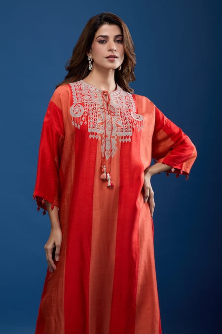 Shop_Archana Shah_Rust Tassels Round Neck Striped Gold Embroidered Yoke Kaftan And Pant Set _Online_at_Aza_Fashions