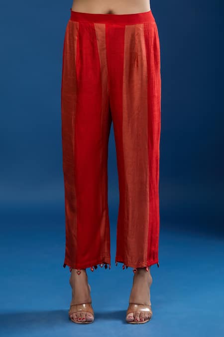 Archana Shah_Rust Tassels Round Neck Striped Gold Embroidered Yoke Kaftan And Pant Set _at_Aza_Fashions