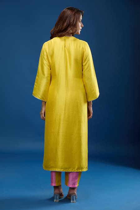 Shop Archana Shah Yellow Silk Embroidery Round Neck Kurta With Striped Pant at Aza Fashions Shop_Archana Shah_Yellow Silk Embroidery Round Neck Kurta With Striped Pant _at_Aza_Fashions