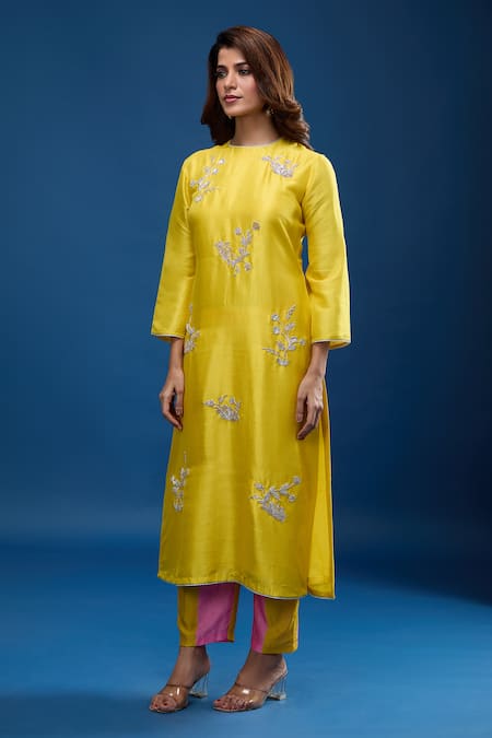 Archana Shah Yellow Silk Embroidery Round Neck Kurta With Striped Pant Online at Aza Fashions Archana Shah_Yellow Silk Embroidery Round Neck Kurta With Striped Pant _Online_at_Aza_Fashions