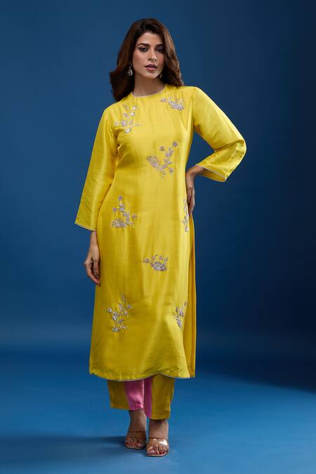 Buy Archana Shah Yellow Silk Embroidery Round Neck Kurta With Striped Pant Online at Aza Fashions Buy_Archana Shah_Yellow Silk Embroidery Round Neck Kurta With Striped Pant _Online_at_Aza_Fashions