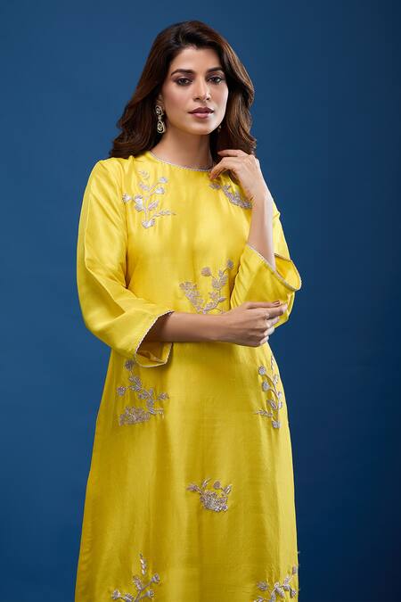 Shop Archana Shah Yellow Silk Embroidery Round Neck Kurta With Striped Pant Online at Aza Fashions Shop_Archana Shah_Yellow Silk Embroidery Round Neck Kurta With Striped Pant _Online_at_Aza_Fashions