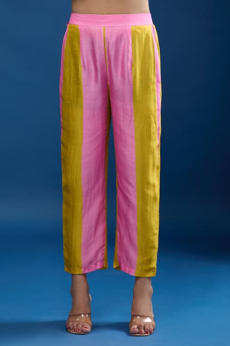 Archana Shah Yellow Silk Embroidery Round Neck Kurta With Striped Pant at Aza Fashions Archana Shah_Yellow Silk Embroidery Round Neck Kurta With Striped Pant _at_Aza_Fashions