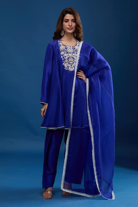Archana Shah Blue Silk Embroidery Round Neck Yoke Short Anarkali Set 