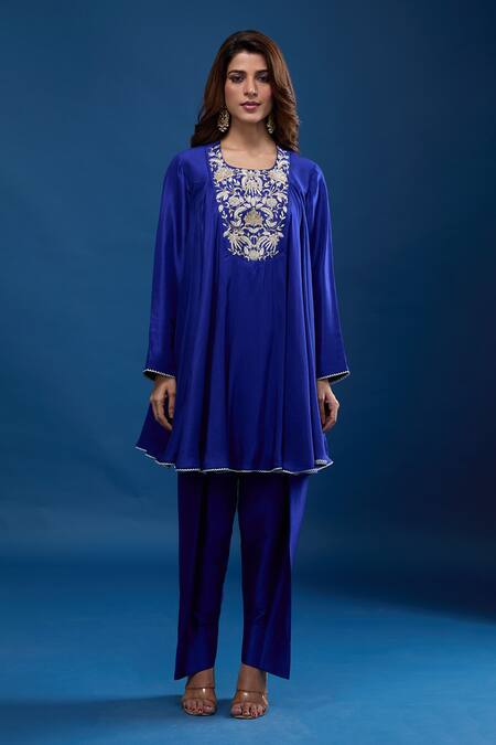 Archana Shah Blue Silk Embroidery Round Neck Yoke Short Anarkali Set Online at Aza Fashions Archana Shah_Blue Silk Embroidery Round Neck Yoke Short Anarkali Set _Online_at_Aza_Fashions