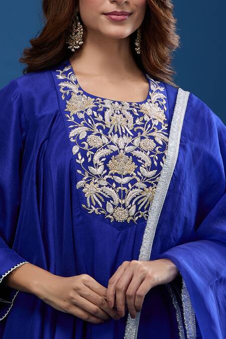 Buy Archana Shah Blue Silk Embroidery Round Neck Yoke Short Anarkali Set Online at Aza Fashions Buy_Archana Shah_Blue Silk Embroidery Round Neck Yoke Short Anarkali Set _Online_at_Aza_Fashions