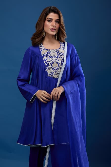 Shop Archana Shah Blue Silk Embroidery Round Neck Yoke Short Anarkali Set Online at Aza Fashions Shop_Archana Shah_Blue Silk Embroidery Round Neck Yoke Short Anarkali Set _Online_at_Aza_Fashions