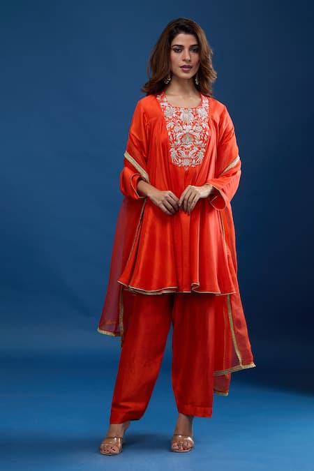 Archana Shah Orange Silk Embroidery Round Neck Yoke Short Anarkali Set
