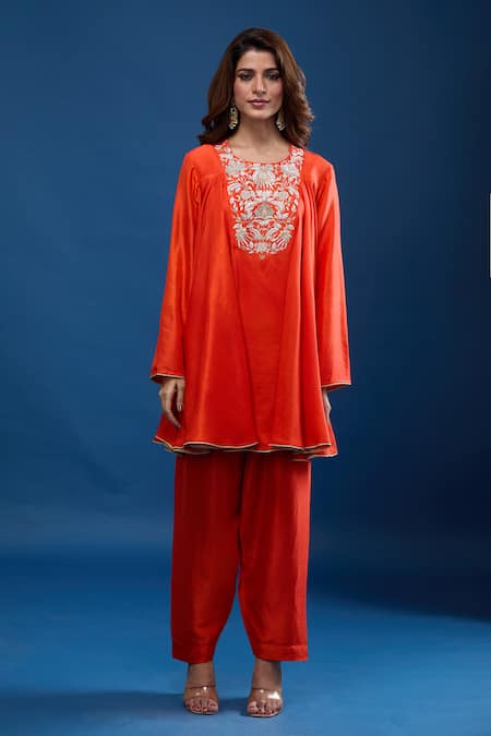 Archana Shah Orange Silk Embroidery Round Neck Yoke Short Anarkali Set Online at Aza Fashions Archana Shah_Orange Silk Embroidery Round Neck Yoke Short Anarkali Set _Online_at_Aza_Fashions