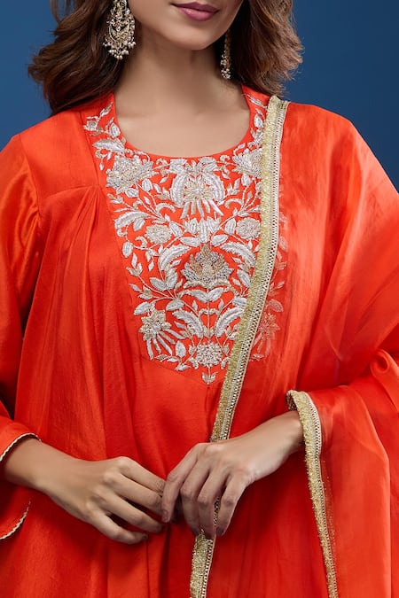 Buy Archana Shah Orange Silk Embroidery Round Neck Yoke Short Anarkali Set Online at Aza Fashions Buy_Archana Shah_Orange Silk Embroidery Round Neck Yoke Short Anarkali Set _Online_at_Aza_Fashions