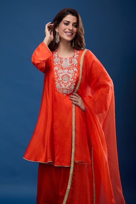 Shop Archana Shah Orange Silk Embroidery Round Neck Yoke Short Anarkali Set Online at Aza Fashions Shop_Archana Shah_Orange Silk Embroidery Round Neck Yoke Short Anarkali Set _Online_at_Aza_Fashions