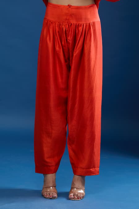 Archana Shah Orange Silk Embroidery Round Neck Yoke Short Anarkali Set at Aza Fashions Archana Shah_Orange Silk Embroidery Round Neck Yoke Short Anarkali Set _at_Aza_Fashions