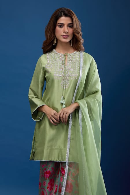 Buy Archana Shah Green Cotton Tassels, Embroidery Round Moon Yoke Kurta Suzani Printed Pant Set Online at Aza Fashions Buy_Archana Shah_Green Cotton Tassels, Embroidery Round Moon Yoke Kurta Suzani Printed Pant Set _Online_at_Aza_Fashions