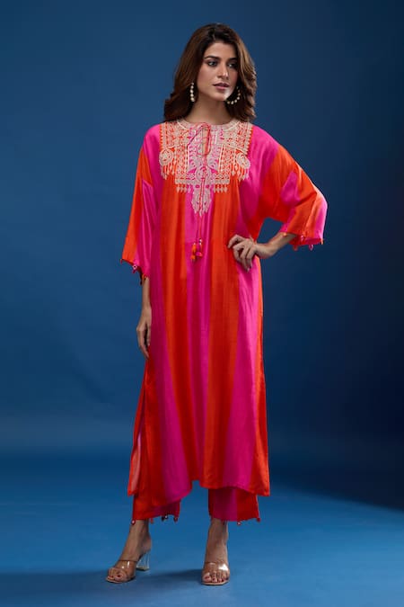 Archana Shah Pink Tassels Round Neck Striped Embroidered Yoke Kaftan And Pant Set 