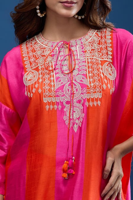 Buy_Archana Shah_Pink Tassels Round Neck Striped Embroidered Yoke Kaftan And Pant Set _Online_at_Aza_Fashions
