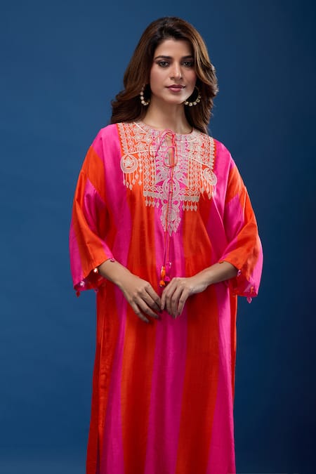 Shop_Archana Shah_Pink Tassels Round Neck Striped Embroidered Yoke Kaftan And Pant Set _Online_at_Aza_Fashions