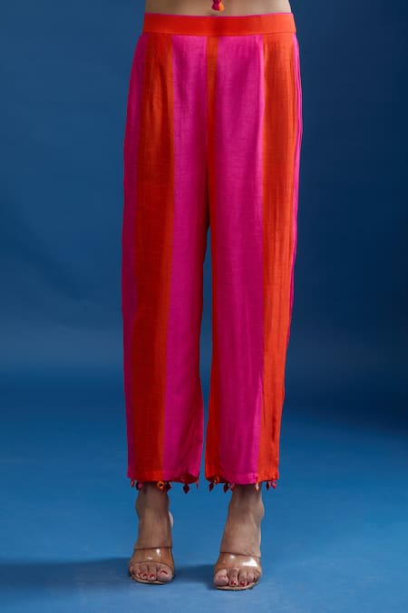 Archana Shah_Pink Tassels Round Neck Striped Embroidered Yoke Kaftan And Pant Set _at_Aza_Fashions