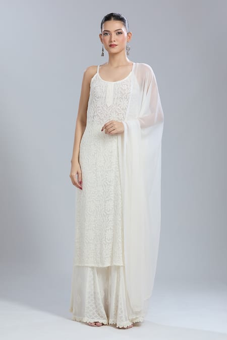 Label Aishwaryrika White Embroidery Round Neck Kurta Sharara Set 