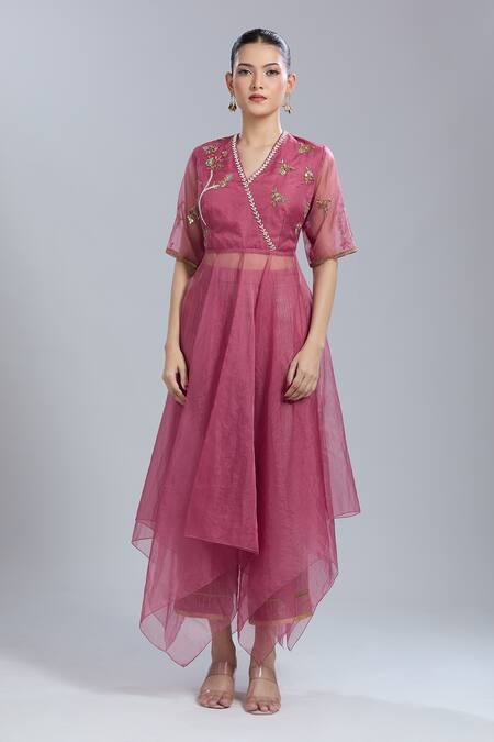 Mandira Wirk - Indian_Pink Embroidery V-neck Asymmetric Anarkali Set _Online_at_Aza_Fashions