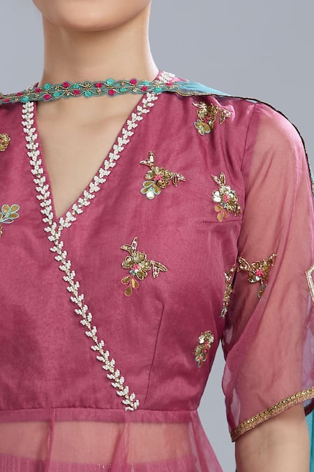 Buy_Mandira Wirk - Indian_Pink Embroidery V-neck Asymmetric Anarkali Set _Online_at_Aza_Fashions