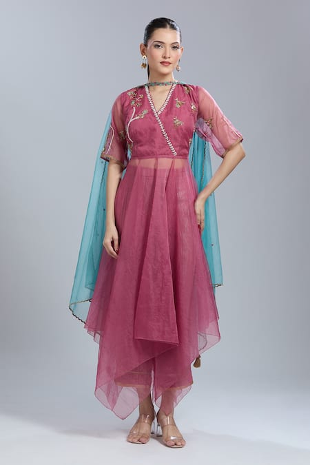 Mandira Wirk - Indian Pink Embroidery V-neck Asymmetric Anarkali Set 