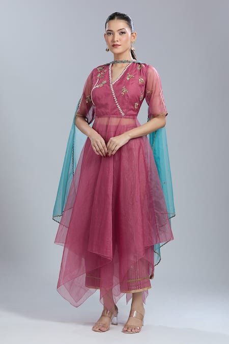 Mandira Wirk - Indian_Pink Embroidery V-neck Asymmetric Anarkali Set _at_Aza_Fashions