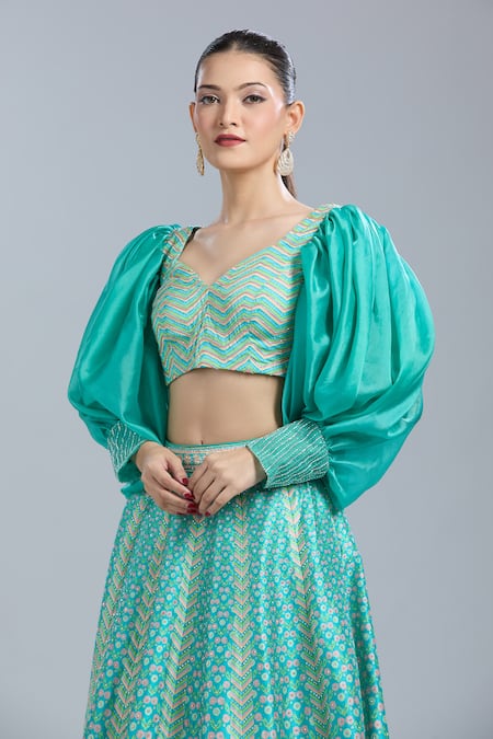 Show Shaa Blue Embroidery Sweetheart Neck Floral Print Lehenga And Blouse Set Online at Aza Fashions Show Shaa_Blue Embroidery Sweetheart Neck Floral Print Lehenga And Blouse Set _Online_at_Aza_Fashions