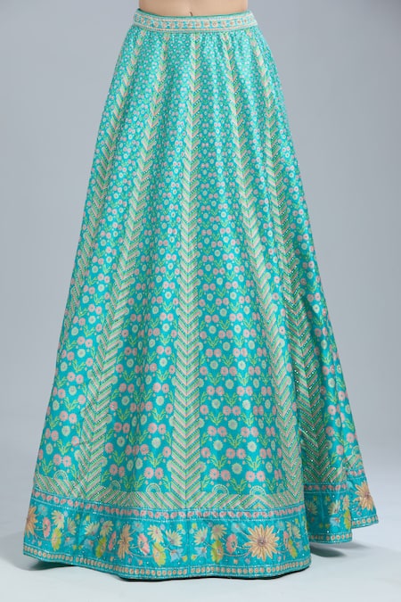 Show Shaa Blue Embroidery Sweetheart Neck Floral Print Lehenga And Blouse Set at Aza Fashions Show Shaa_Blue Embroidery Sweetheart Neck Floral Print Lehenga And Blouse Set _at_Aza_Fashions