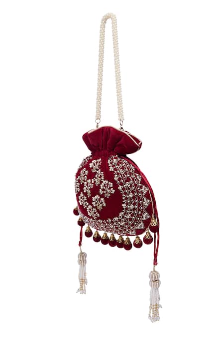 Nazaakat By Samara Singh Maroon Embroidery, Tassels Hand Potli Bag Online at Aza Fashions Nazaakat By Samara Singh_Maroon Embroidery, Tassels Hand Potli Bag _Online_at_Aza_Fashions