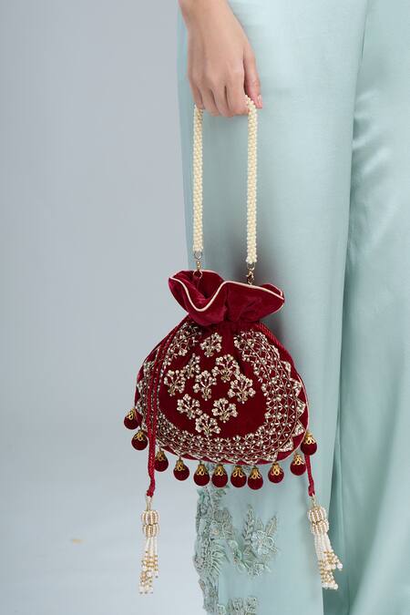 Buy Nazaakat By Samara Singh Maroon Embroidery, Tassels Hand Potli Bag Online at Aza Fashions Buy_Nazaakat By Samara Singh_Maroon Embroidery, Tassels Hand Potli Bag _Online_at_Aza_Fashions