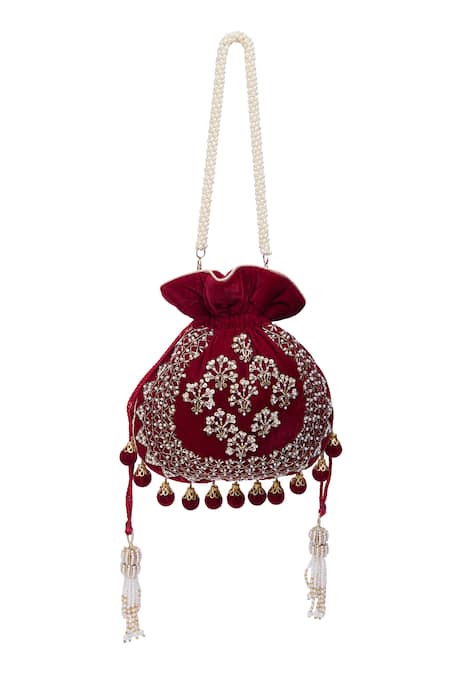Shop Nazaakat By Samara Singh Maroon Embroidery, Tassels Hand Potli Bag Online at Aza Fashions Shop_Nazaakat By Samara Singh_Maroon Embroidery, Tassels Hand Potli Bag _Online_at_Aza_Fashions