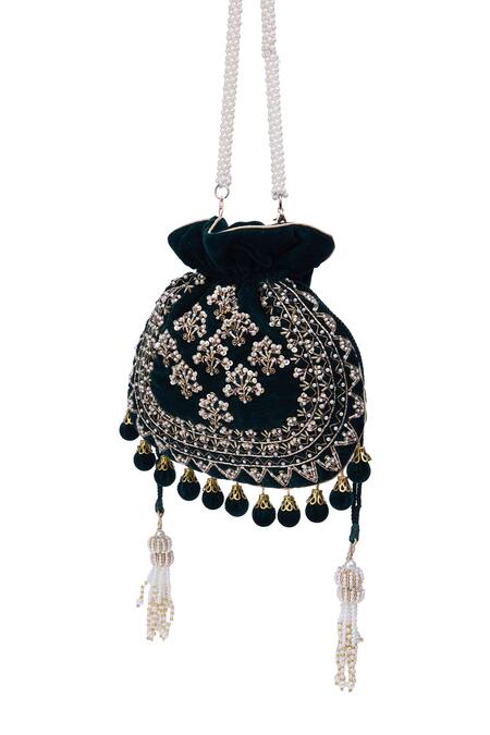 Nazaakat By Samara Singh_Green Embroidery, Tassels Velvet Silk Potli Bag _Online_at_Aza_Fashions