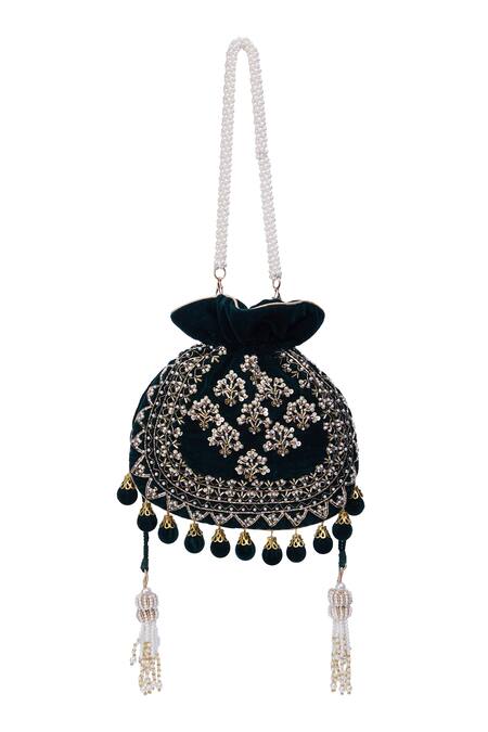Buy_Nazaakat By Samara Singh_Green Embroidery, Tassels Velvet Silk Potli Bag _Online_at_Aza_Fashions