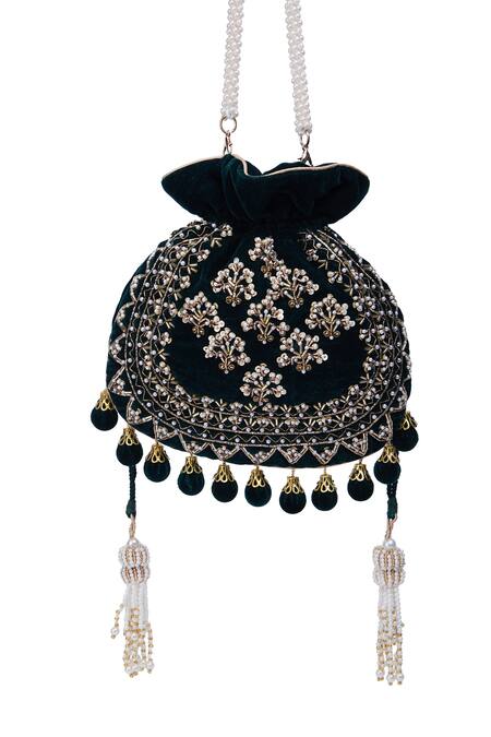 Buy_Nazaakat By Samara Singh_Green Embroidery, Tassels Velvet Silk Potli Bag 