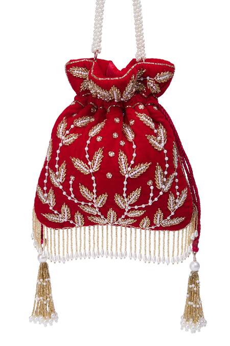 Shop Nazaakat By Samara Singh Red Embroidery, Tassels, Zari Hand Potli Bag Online at Aza Fashions Shop_Nazaakat By Samara Singh_Red Embroidery, Tassels, Zari Hand Potli Bag _Online_at_Aza_Fashions