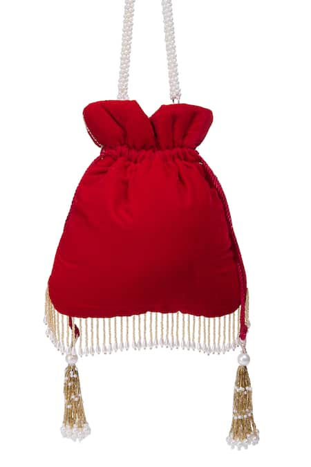 Shop Nazaakat By Samara Singh Red Embroidery, Tassels, Zari Hand Potli Bag at Aza Fashions Shop_Nazaakat By Samara Singh_Red Embroidery, Tassels, Zari Hand Potli Bag _at_Aza_Fashions