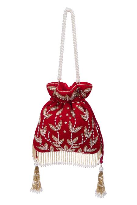 Nazaakat By Samara Singh Red Embroidery, Tassels, Zari Hand Potli Bag at Aza Fashions Nazaakat By Samara Singh_Red Embroidery, Tassels, Zari Hand Potli Bag _at_Aza_Fashions