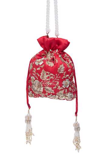 Shop_Nazaakat By Samara Singh_Red Embroidery, Zari Hand Potli Bag _Online_at_Aza_Fashions