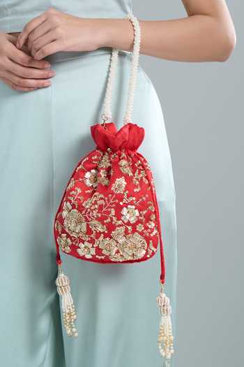 Nazaakat By Samara Singh_Red Embroidery, Zari Hand Potli Bag _at_Aza_Fashions