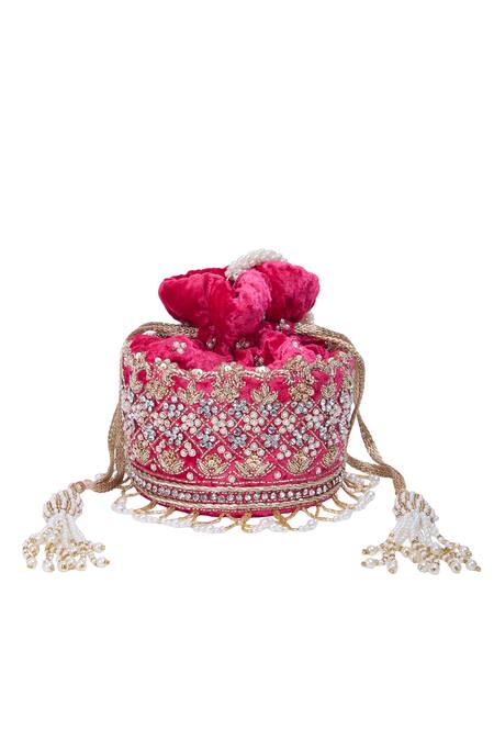 Nazaakat By Samara Singh_Pink Zari, Pearls Hand Embroidered Potli Bag _Online_at_Aza_Fashions