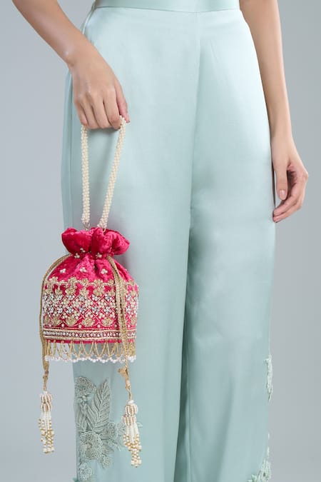 Buy_Nazaakat By Samara Singh_Pink Zari, Pearls Hand Embroidered Potli Bag _Online_at_Aza_Fashions