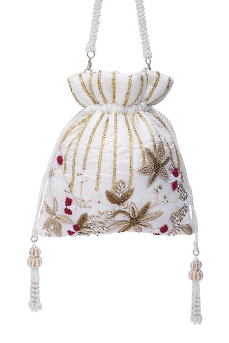 Nazaakat By Samara Singh_Off White Zari, Beads Hand Embroidered Potli Bag _at_Aza_Fashions