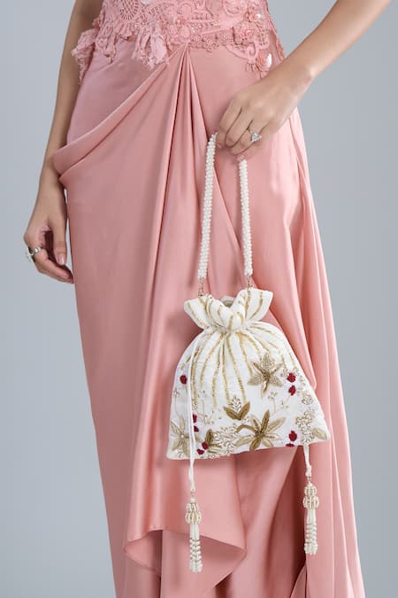 Shop_Nazaakat By Samara Singh_Off White Zari, Beads Hand Embroidered Potli Bag 