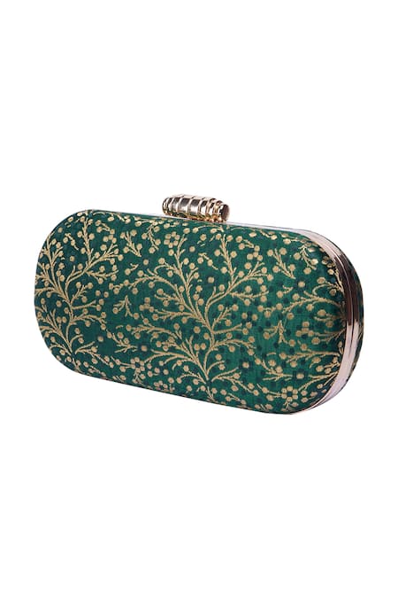 Nazaakat By Samara Singh_Green Embroidery Printed Banarsi Silk Clutch _Online_at_Aza_Fashions